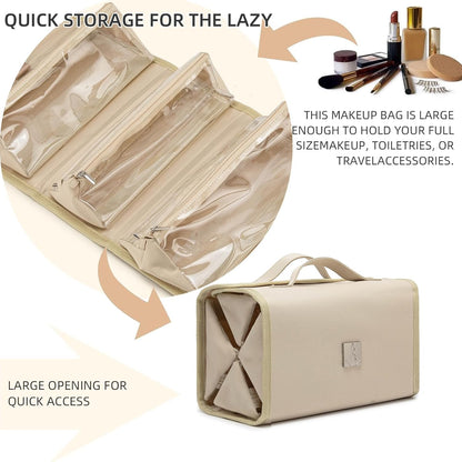 Roll Up Makeup Bag, Travel Toiletry Bag for Women with 4 Clear TSA Approved Pouches, Hanging Travel Organizer, Folding Cosmetic Bag for Men and Women