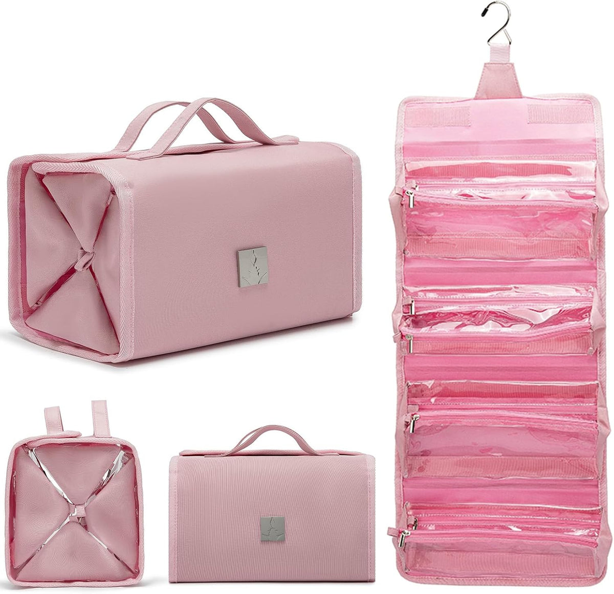 Roll Up Makeup Bag, Travel Toiletry Bag for Women with 4 Clear TSA Approved Pouches, Hanging Travel Organizer, Folding Cosmetic Bag for Men and Women