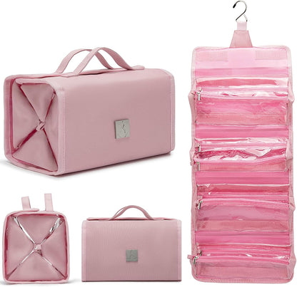 Roll Up Makeup Bag, Travel Toiletry Bag for Women with 4 Clear TSA Approved Pouches, Hanging Travel Organizer, Folding Cosmetic Bag for Men and Women