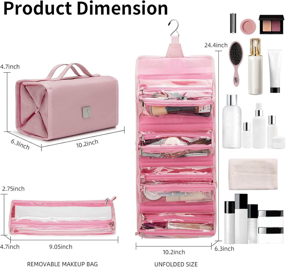 Roll Up Makeup Bag, Travel Toiletry Bag for Women with 4 Clear TSA Approved Pouches, Hanging Travel Organizer, Folding Cosmetic Bag for Men and Women