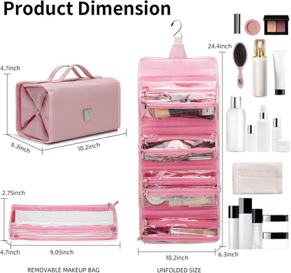 Roll Up Makeup Bag, Travel Toiletry Bag for Women with 4 Clear TSA Approved Pouches, Hanging Travel Organizer, Folding Cosmetic Bag for Men and Women