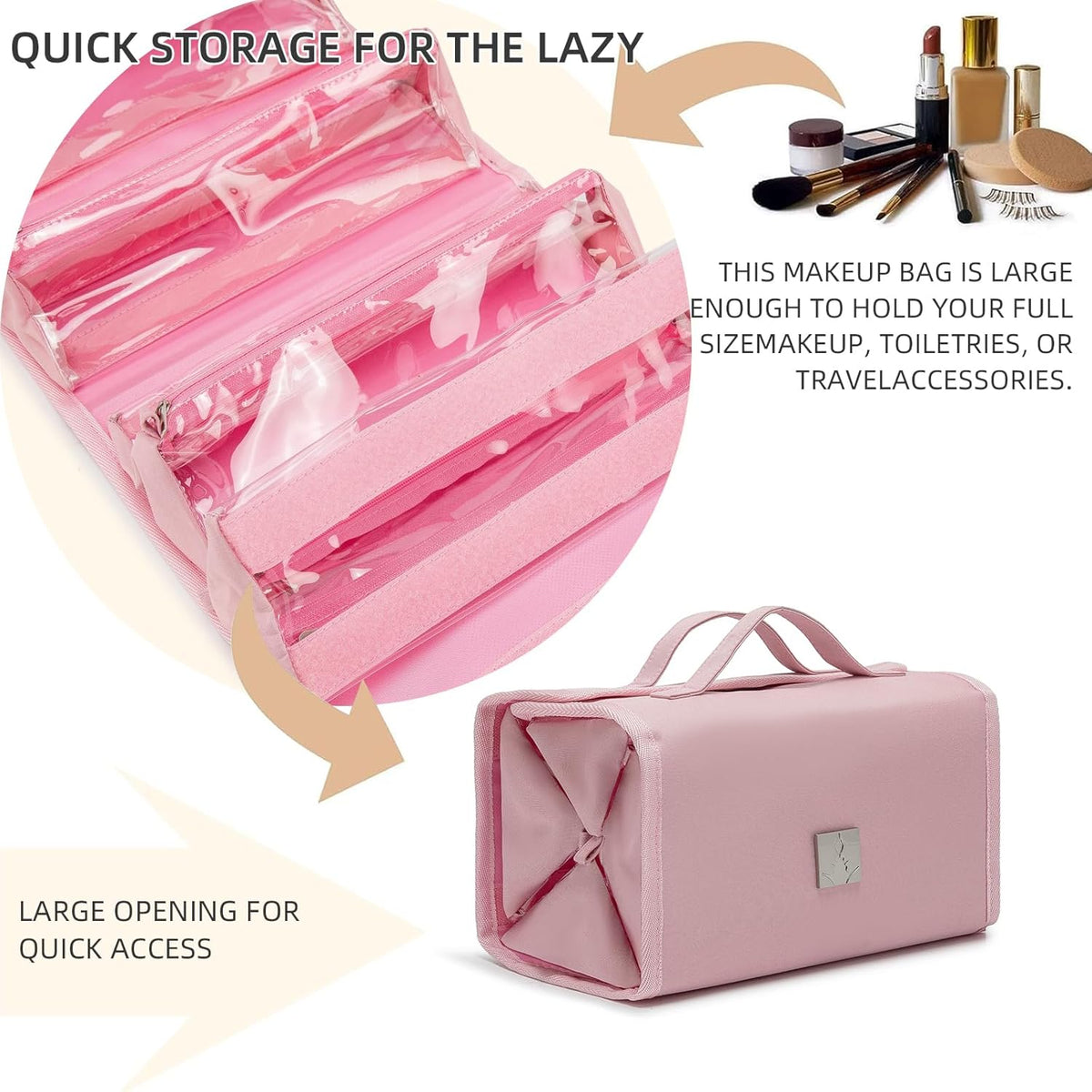 Roll Up Makeup Bag, Travel Toiletry Bag for Women with 4 Clear TSA Approved Pouches, Hanging Travel Organizer, Folding Cosmetic Bag for Men and Women