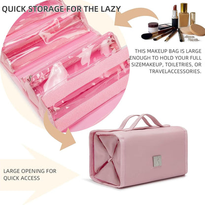 Roll Up Makeup Bag, Travel Toiletry Bag for Women with 4 Clear TSA Approved Pouches, Hanging Travel Organizer, Folding Cosmetic Bag for Men and Women
