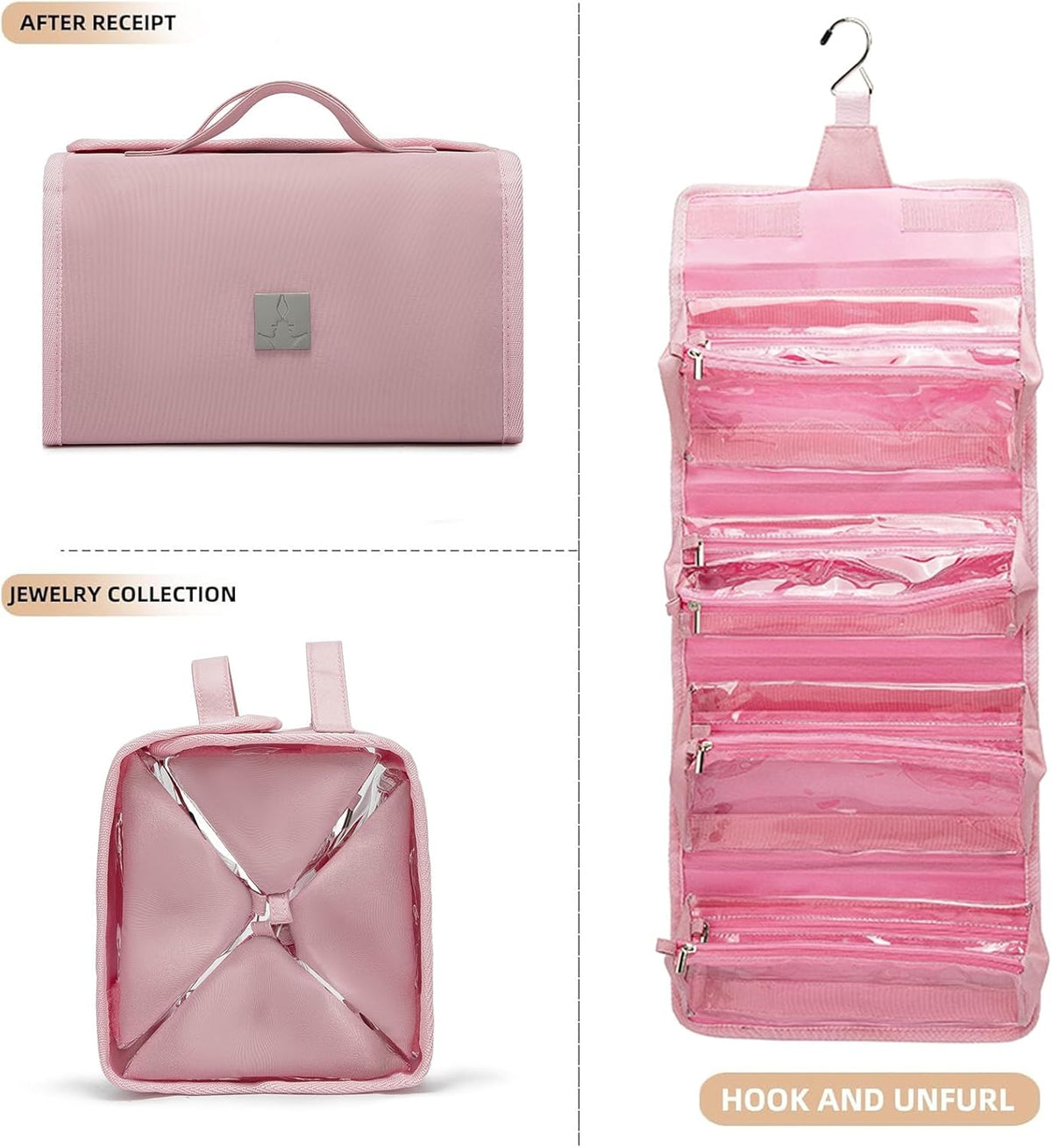 Roll Up Makeup Bag, Travel Toiletry Bag for Women with 4 Clear TSA Approved Pouches, Hanging Travel Organizer, Folding Cosmetic Bag for Men and Women