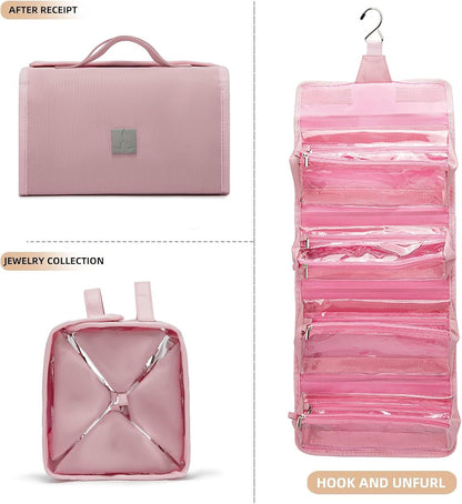 Roll Up Makeup Bag, Travel Toiletry Bag for Women with 4 Clear TSA Approved Pouches, Hanging Travel Organizer, Folding Cosmetic Bag for Men and Women