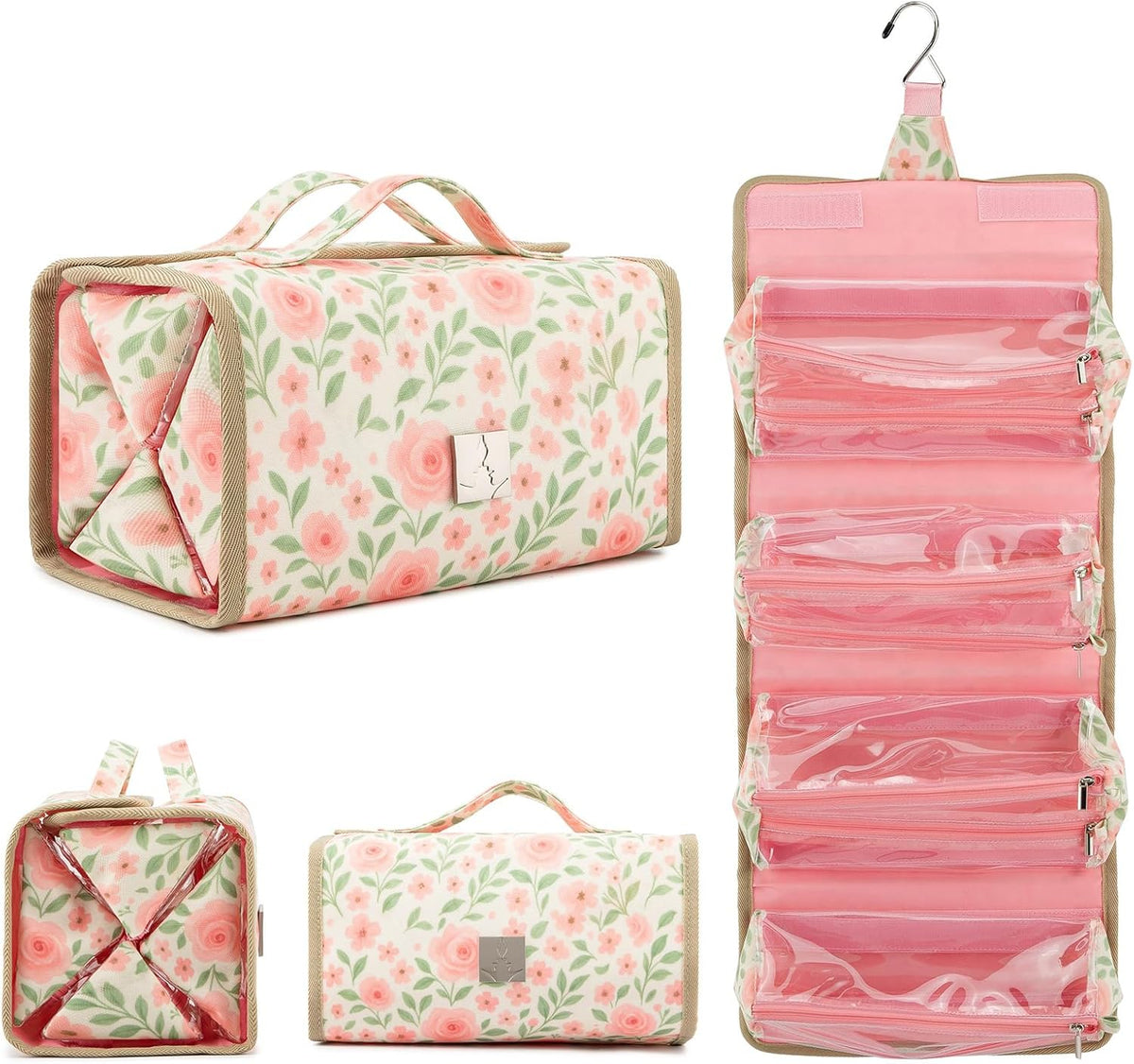 Roll Up Makeup Bag, Travel Toiletry Bag for Women with 4 Clear TSA Approved Pouches, Hanging Travel Organizer, Folding Cosmetic Bag for Men and Women