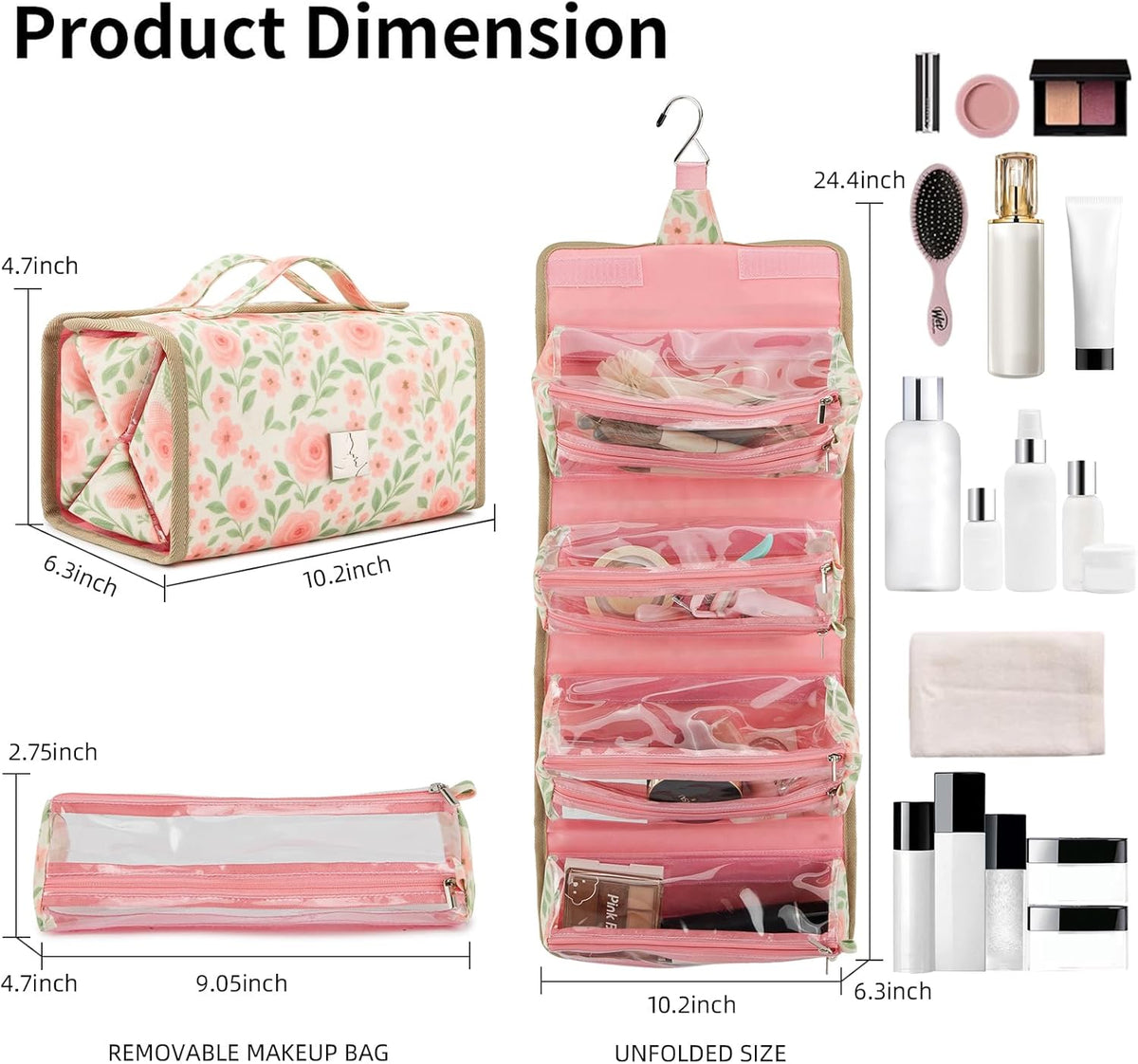 Roll Up Makeup Bag, Travel Toiletry Bag for Women with 4 Clear TSA Approved Pouches, Hanging Travel Organizer, Folding Cosmetic Bag for Men and Women