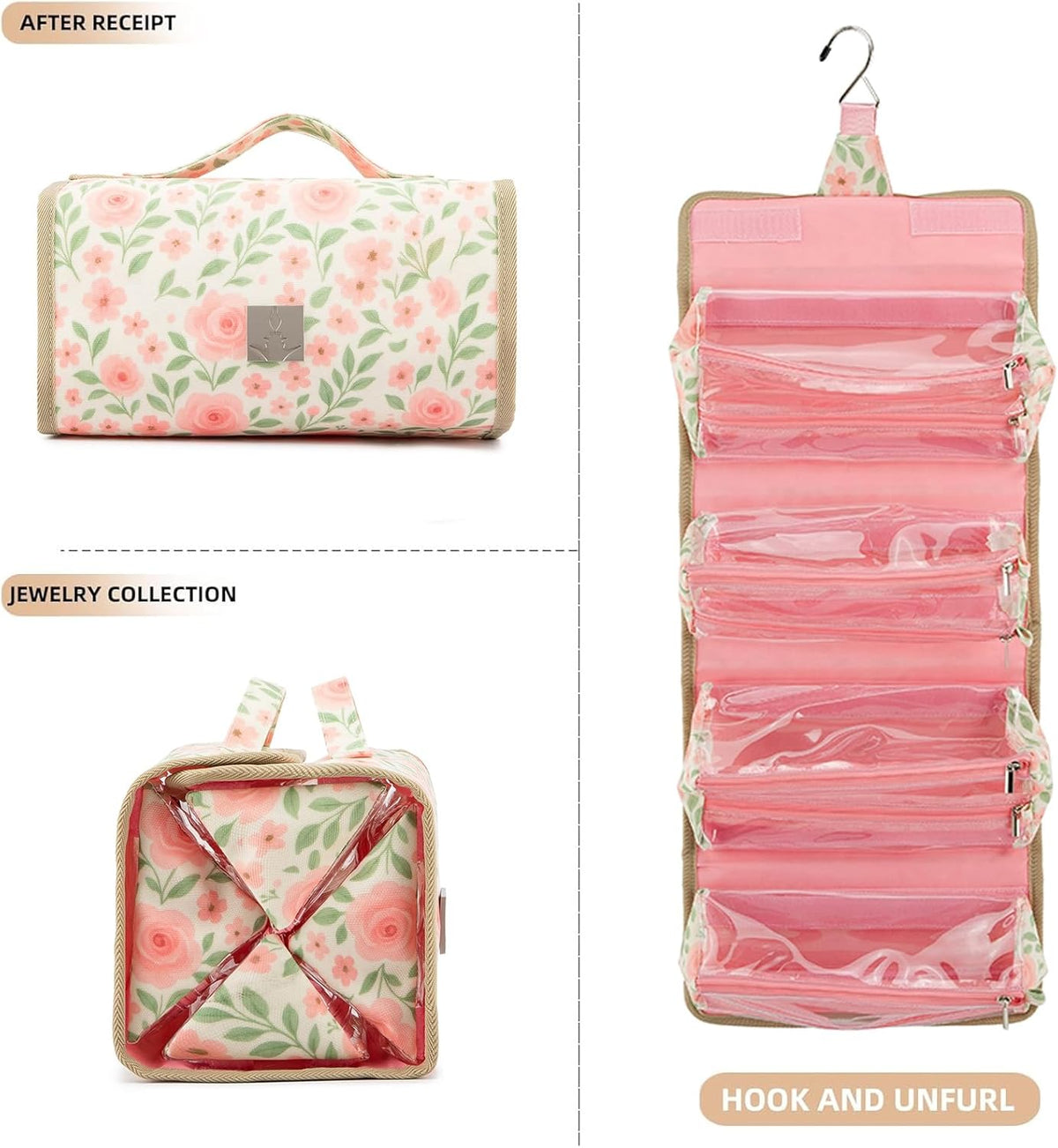 Roll Up Makeup Bag, Travel Toiletry Bag for Women with 4 Clear TSA Approved Pouches, Hanging Travel Organizer, Folding Cosmetic Bag for Men and Women