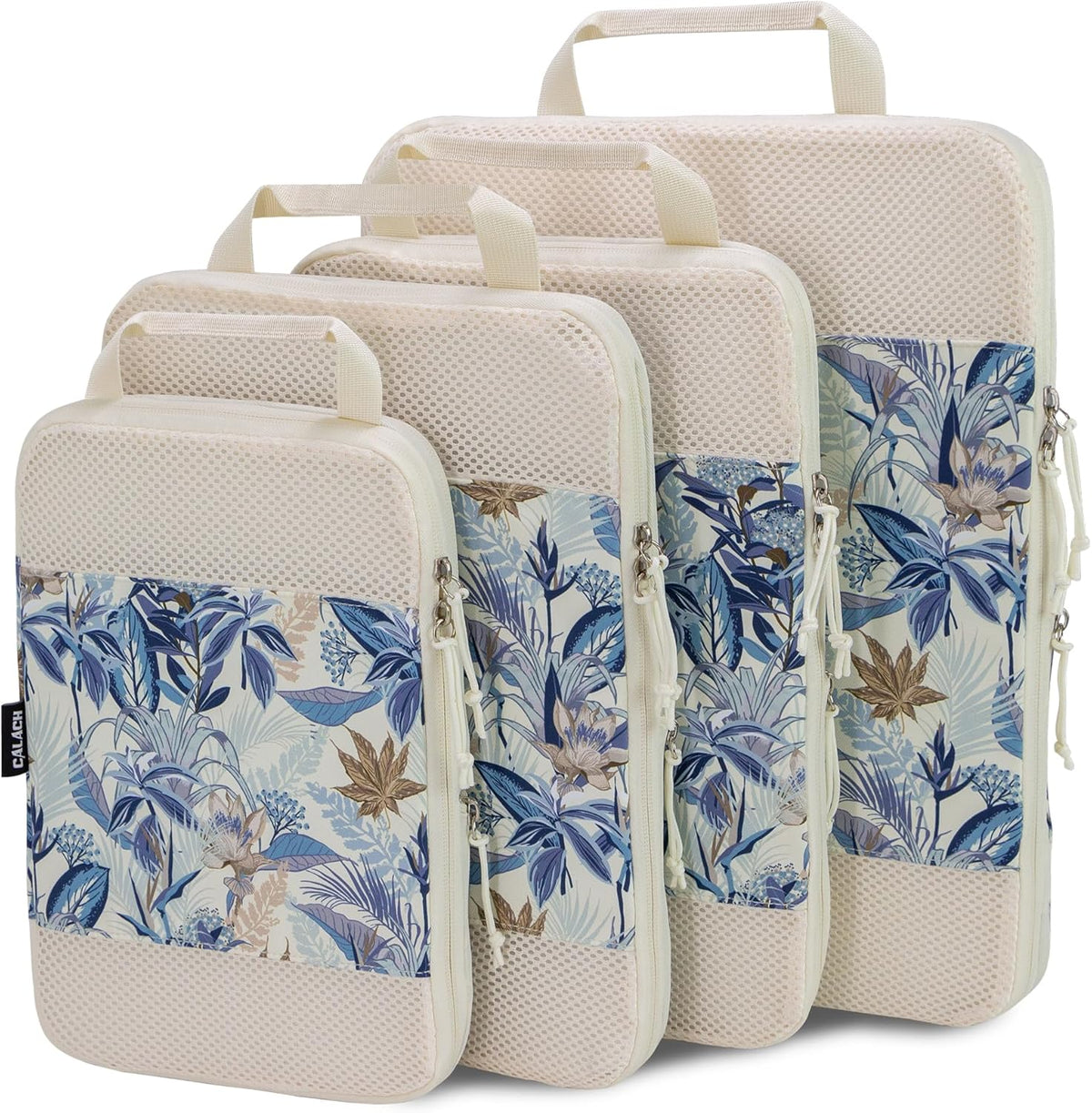 Compression Packing Cubes for Travel Essential, 4 Set Compression Bags for Travel Packing Organizer, Expandable Compression Cubes for Travel, Standard, Blue Floral