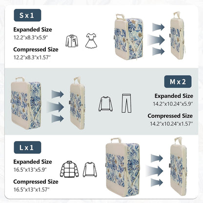 Compression Packing Cubes for Travel Essential, 4 Set Compression Bags for Travel Packing Organizer, Expandable Compression Cubes for Travel, Standard, Blue Floral