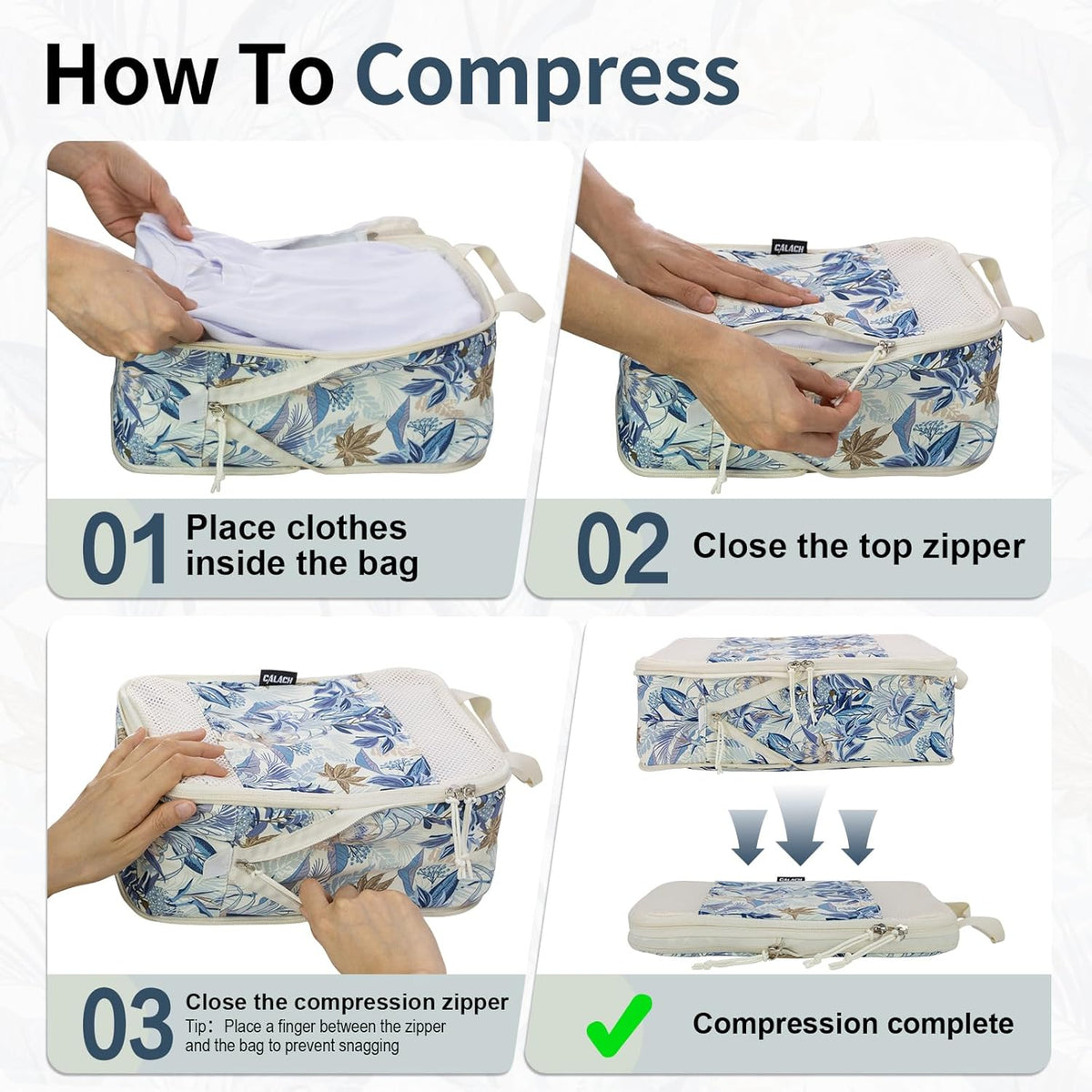 Compression Packing Cubes for Travel Essential, 4 Set Compression Bags for Travel Packing Organizer, Expandable Compression Cubes for Travel, Standard, Blue Floral