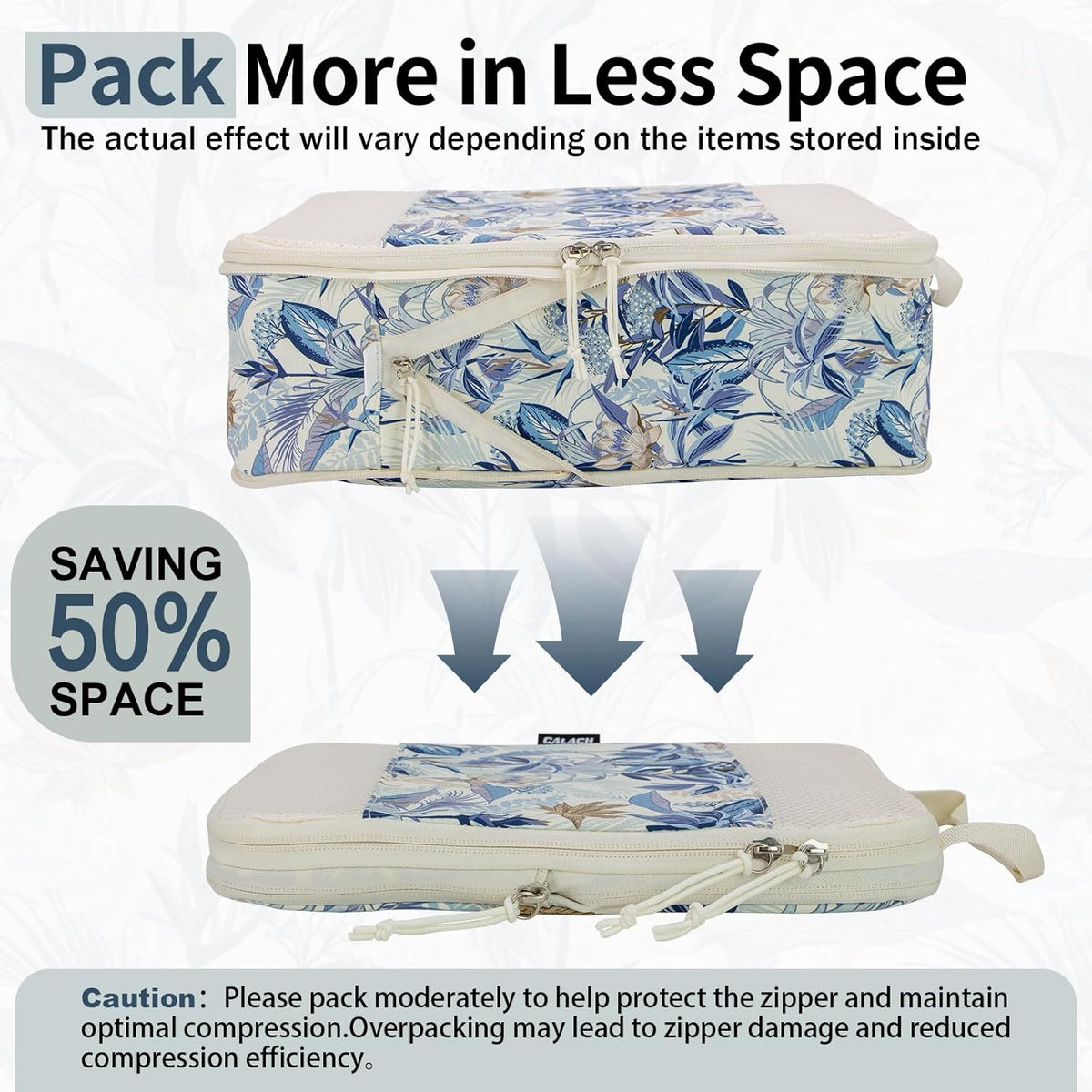 Compression Packing Cubes for Travel Essential, 4 Set Compression Bags for Travel Packing Organizer, Expandable Compression Cubes for Travel, Standard, Blue Floral