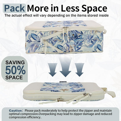 Compression Packing Cubes for Travel Essential, 4 Set Compression Bags for Travel Packing Organizer, Expandable Compression Cubes for Travel, Standard, Blue Floral