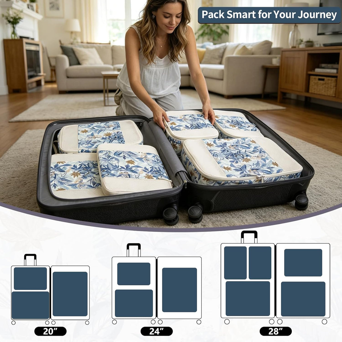 Compression Packing Cubes for Travel Essential, 4 Set Compression Bags for Travel Packing Organizer, Expandable Compression Cubes for Travel, Standard, Blue Floral