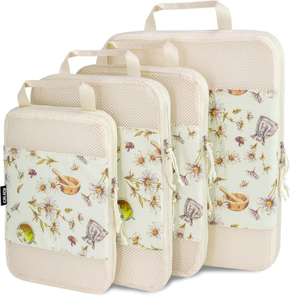 Compression Packing Cubes for Travel Essential, 4 Set Compression Bags for Travel Packing Organizer, Expandable Compression Cubes for Travel, Standard, Blue Floral
