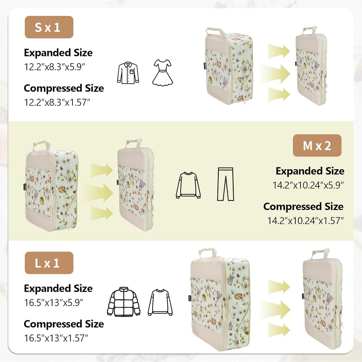 Compression Packing Cubes for Travel Essential, 4 Set Compression Bags for Travel Packing Organizer, Expandable Compression Cubes for Travel, Standard, Blue Floral
