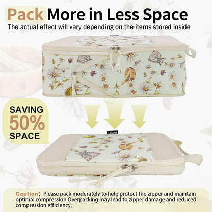 Compression Packing Cubes for Travel Essential, 4 Set Compression Bags for Travel Packing Organizer, Expandable Compression Cubes for Travel, Standard, Blue Floral