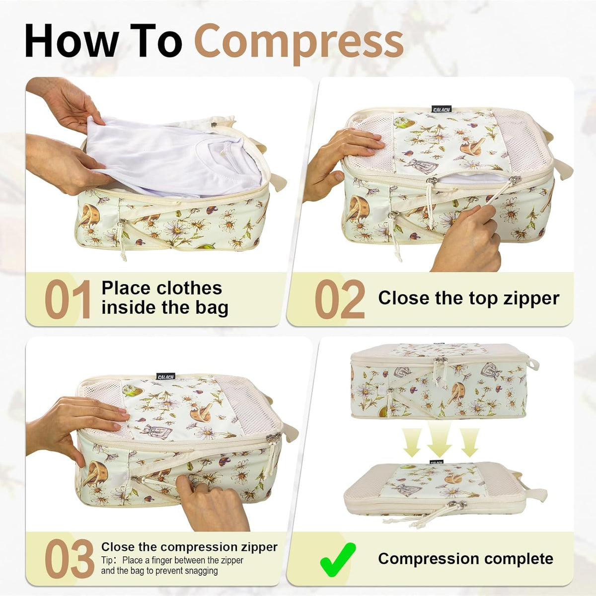 Compression Packing Cubes for Travel Essential, 4 Set Compression Bags for Travel Packing Organizer, Expandable Compression Cubes for Travel, Standard, Blue Floral