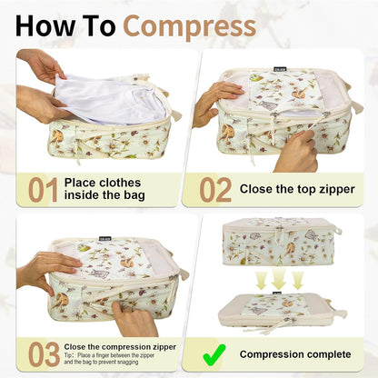 Compression Packing Cubes for Travel Essential, 4 Set Compression Bags for Travel Packing Organizer, Expandable Compression Cubes for Travel, Standard, Blue Floral