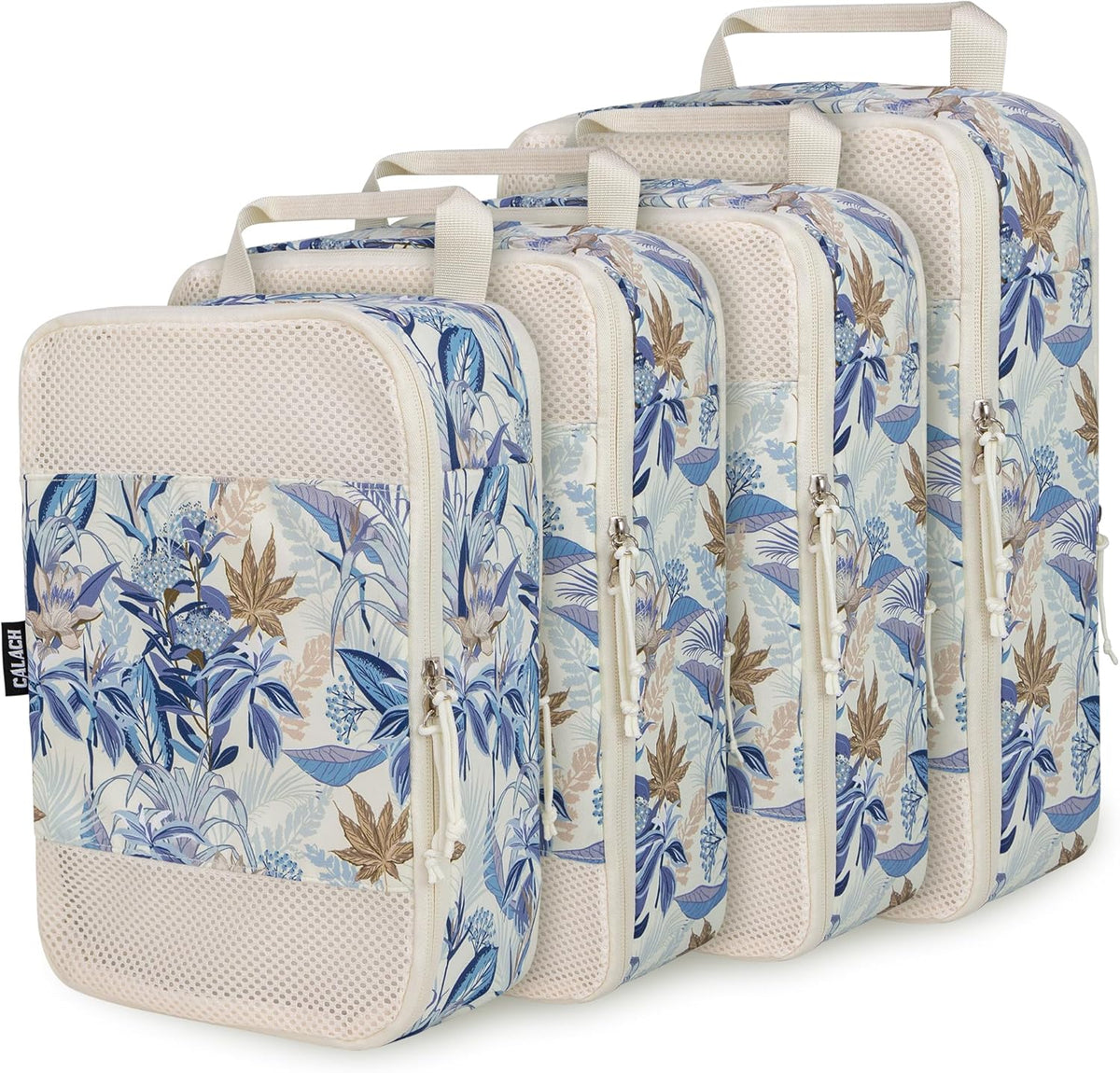 Compression Packing Cubes for Travel Essential, 4 Set Compression Bags for Travel Packing Organizer, Expandable Compression Cubes for Travel, Standard, Blue Floral