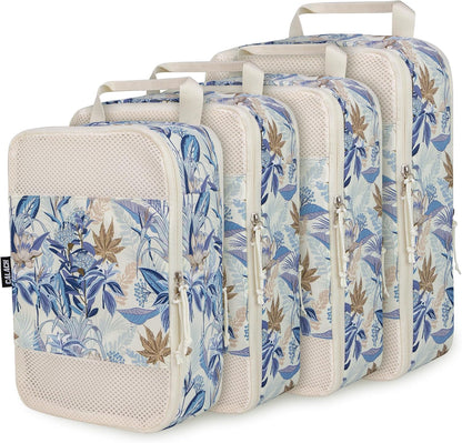 Compression Packing Cubes for Travel Essential, 4 Set Compression Bags for Travel Packing Organizer, Expandable Compression Cubes for Travel, Standard, Blue Floral