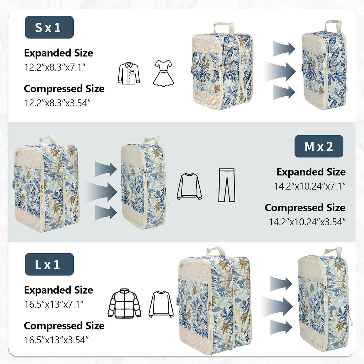Compression Packing Cubes for Travel Essential, 4 Set Compression Bags for Travel Packing Organizer, Expandable Compression Cubes for Travel, Standard, Blue Floral