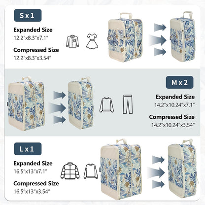 Compression Packing Cubes for Travel Essential, 4 Set Compression Bags for Travel Packing Organizer, Expandable Compression Cubes for Travel, Standard, Blue Floral
