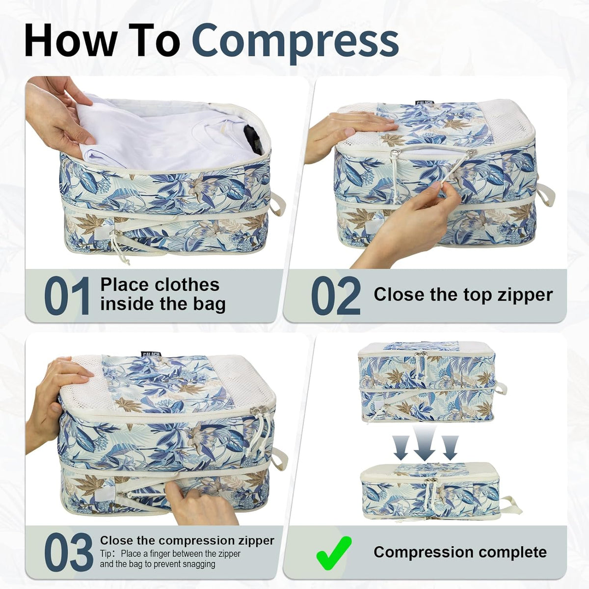 Compression Packing Cubes for Travel Essential, 4 Set Compression Bags for Travel Packing Organizer, Expandable Compression Cubes for Travel, Standard, Blue Floral