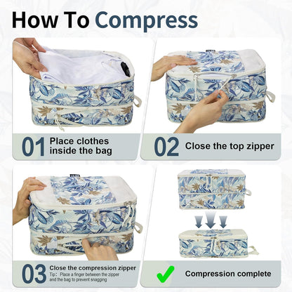 Compression Packing Cubes for Travel Essential, 4 Set Compression Bags for Travel Packing Organizer, Expandable Compression Cubes for Travel, Standard, Blue Floral
