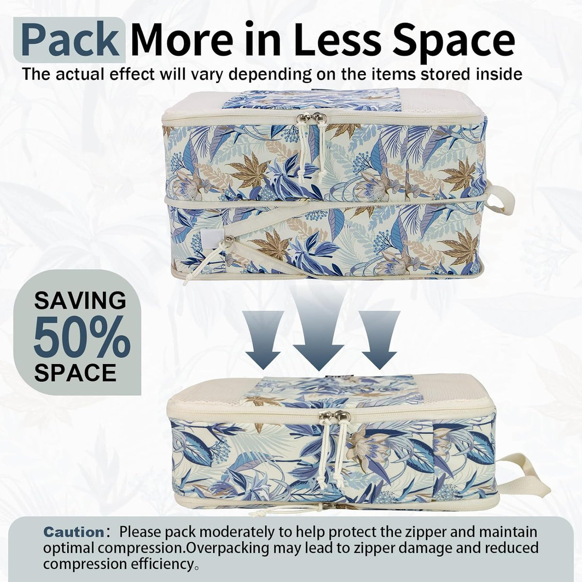 Compression Packing Cubes for Travel Essential, 4 Set Compression Bags for Travel Packing Organizer, Expandable Compression Cubes for Travel, Standard, Blue Floral