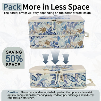 Compression Packing Cubes for Travel Essential, 4 Set Compression Bags for Travel Packing Organizer, Expandable Compression Cubes for Travel, Standard, Blue Floral