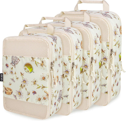 Compression Packing Cubes for Travel Essential, 4 Set Compression Bags for Travel Packing Organizer, Expandable Compression Cubes for Travel, Standard, Blue Floral
