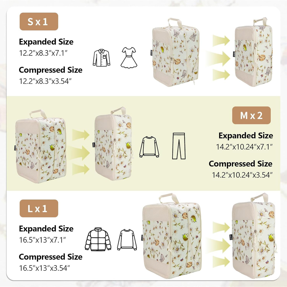 Compression Packing Cubes for Travel Essential, 4 Set Compression Bags for Travel Packing Organizer, Expandable Compression Cubes for Travel, Standard, Blue Floral