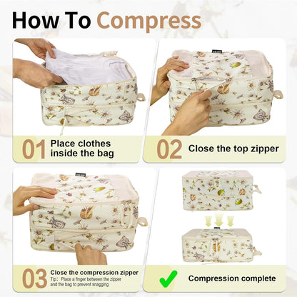 Compression Packing Cubes for Travel Essential, 4 Set Compression Bags for Travel Packing Organizer, Expandable Compression Cubes for Travel, Standard, Blue Floral