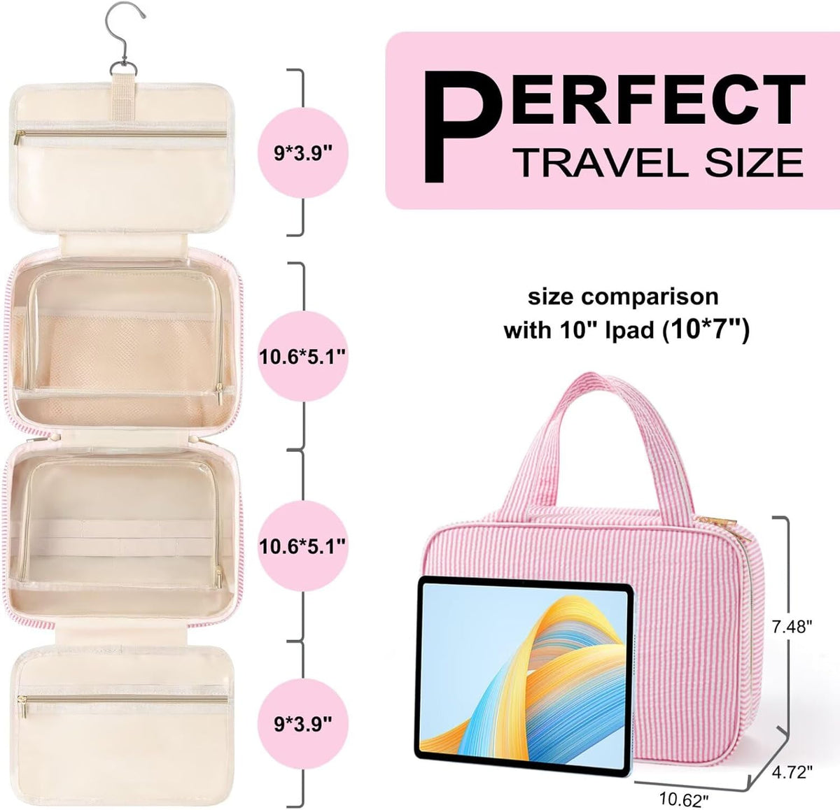 Travel Hanging Toiletry Bag & Makeup Bag for Women Girls Kids Gifts | Girls Kids Travel Organizer, Personalized Initial Toiletry Pouch Shower Bag, Birthday Gifts for Women Teen Girls, Pink A