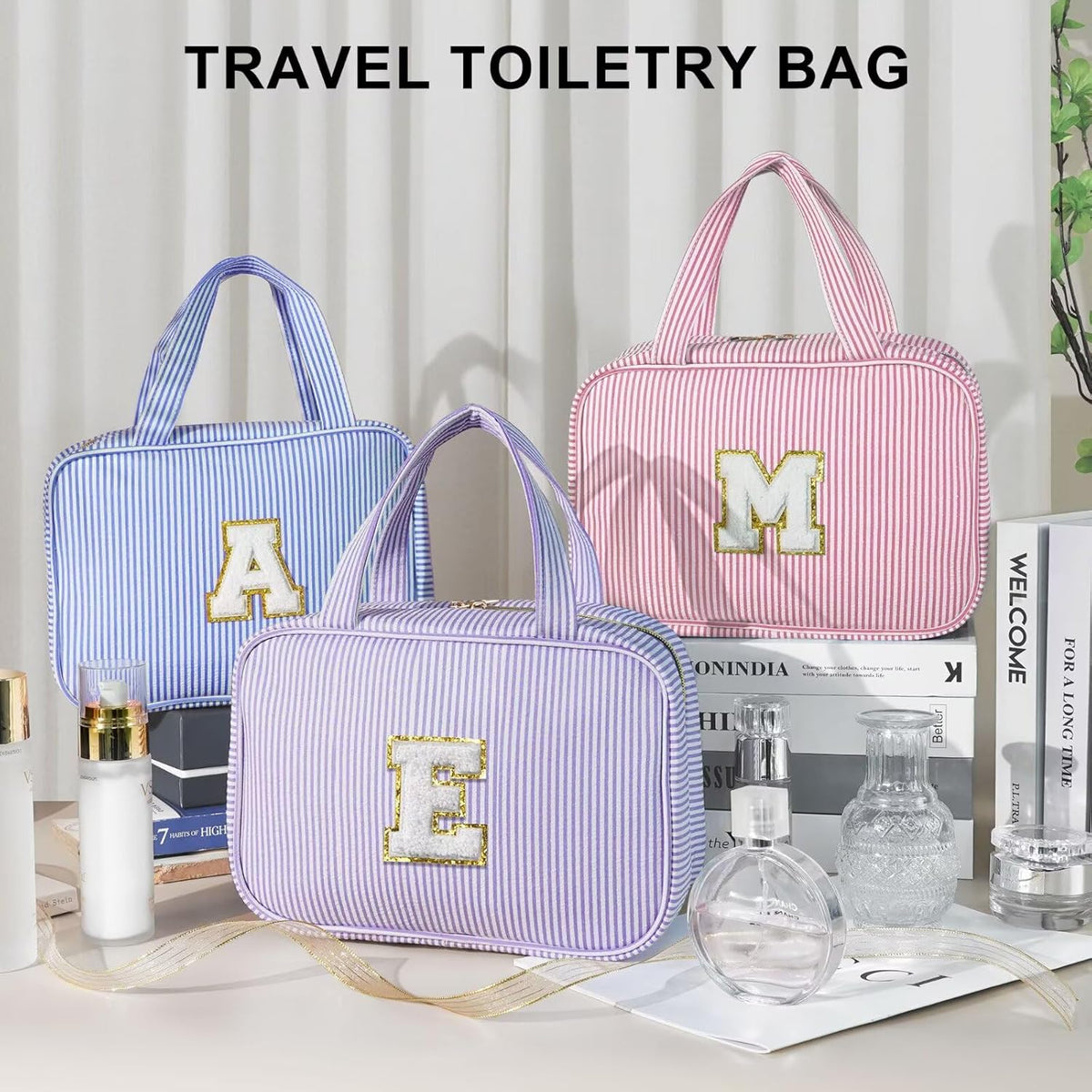 Travel Hanging Toiletry Bag & Makeup Bag for Women Girls Kids Gifts | Girls Kids Travel Organizer, Personalized Initial Toiletry Pouch Shower Bag, Birthday Gifts for Women Teen Girls, Pink A