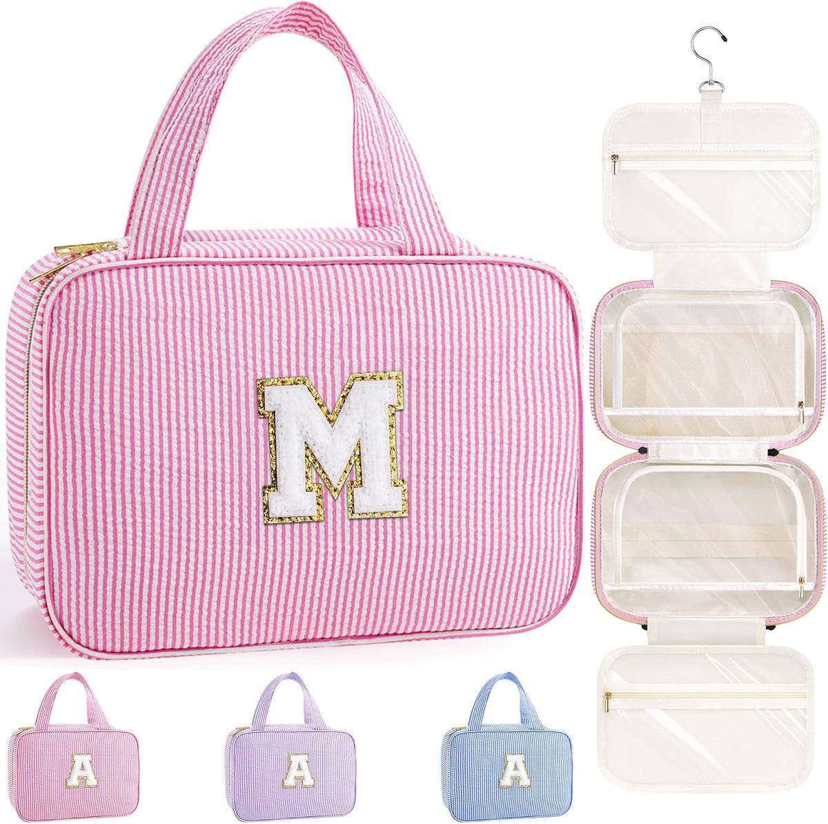 Travel Hanging Toiletry Bag & Makeup Bag for Women Girls Kids Gifts | Girls Kids Travel Organizer, Personalized Initial Toiletry Pouch Shower Bag, Birthday Gifts for Women Teen Girls, Pink A