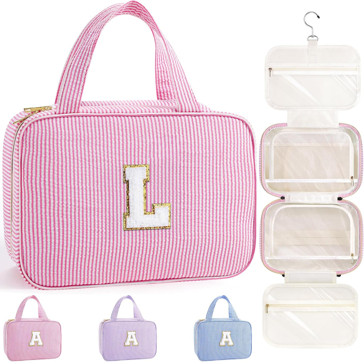 Travel Hanging Toiletry Bag & Makeup Bag for Women Girls Kids Gifts | Girls Kids Travel Organizer, Personalized Initial Toiletry Pouch Shower Bag, Birthday Gifts for Women Teen Girls, Pink A