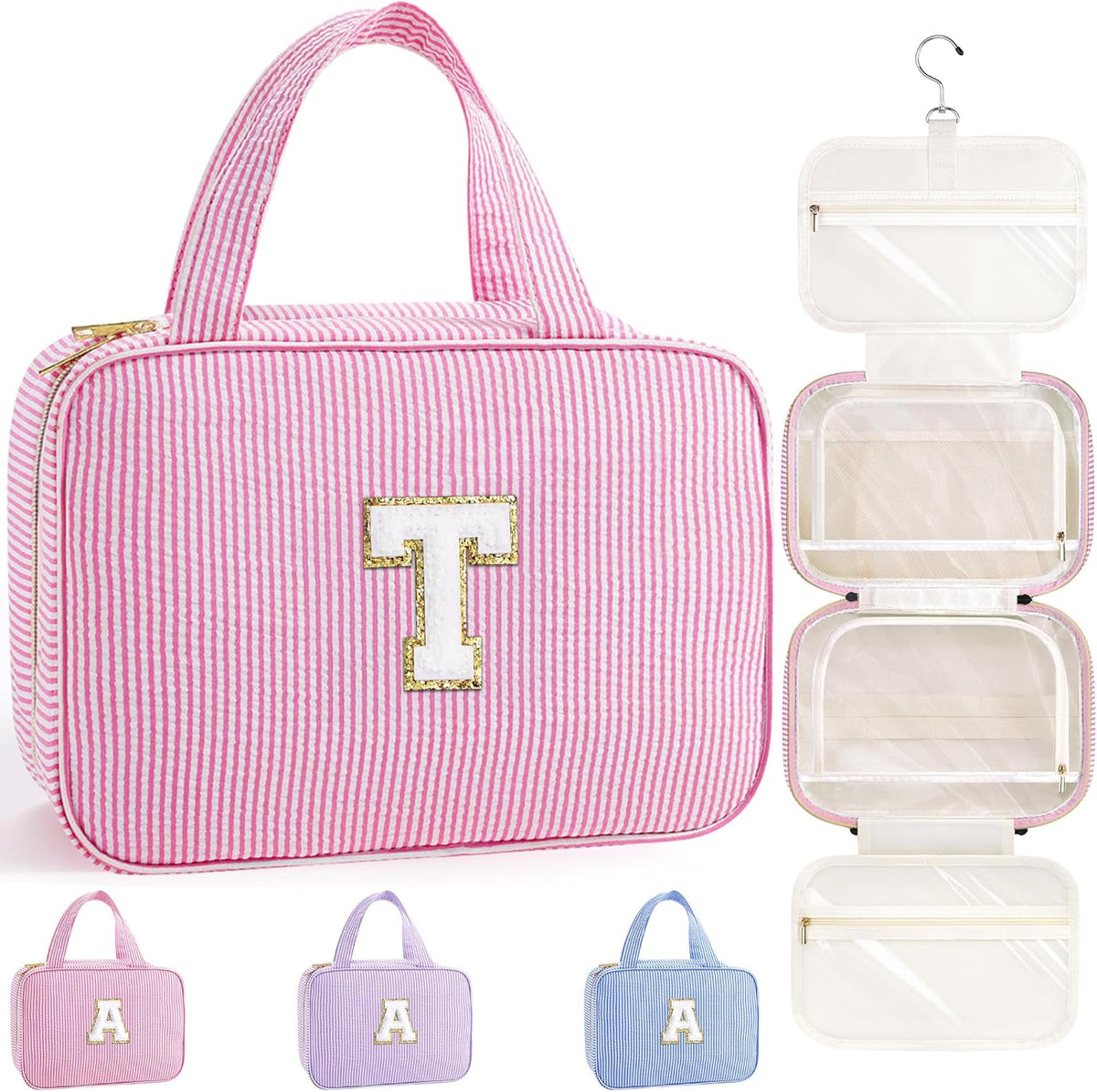 Travel Hanging Toiletry Bag & Makeup Bag for Women Girls Kids Gifts | Girls Kids Travel Organizer, Personalized Initial Toiletry Pouch Shower Bag, Birthday Gifts for Women Teen Girls, Pink A