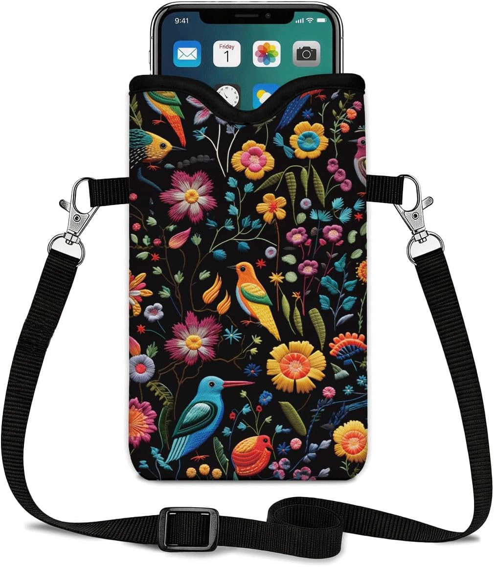 Neoprene Phone Sleeve Pouch Case Bag for Women Men with Crossbody Strap, 7.1x3.9 in, Shockproof Black Cat Mobile Protection Case Bag with Neck Lanyard, Black Cat Garden, Gift for Cats Lovers - Colors A