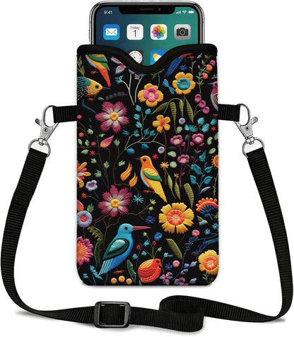 Neoprene Phone Sleeve Pouch Case Bag for Women Men with Crossbody Strap, 7.1x3.9 in, Shockproof Black Cat Mobile Protection Case Bag with Neck Lanyard, Black Cat Garden, Gift for Cats Lovers - Colors A