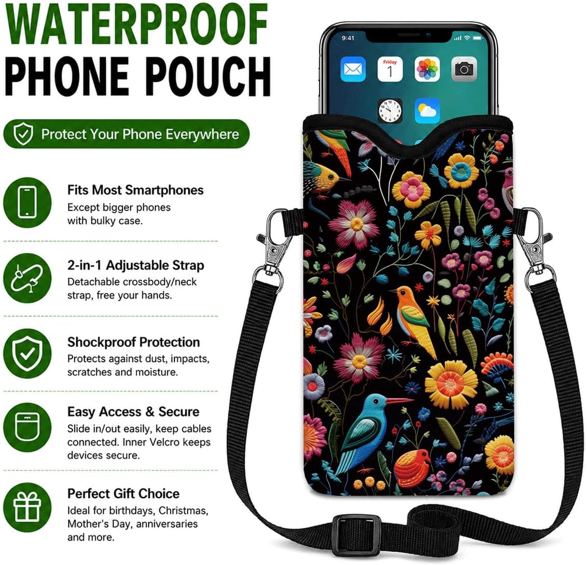 Neoprene Phone Sleeve Pouch Case Bag for Women Men with Crossbody Strap, 7.1x3.9 in, Shockproof Black Cat Mobile Protection Case Bag with Neck Lanyard, Black Cat Garden, Gift for Cats Lovers - Colors A