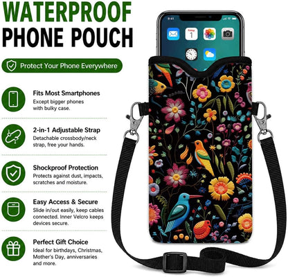 Neoprene Phone Sleeve Pouch Case Bag for Women Men with Crossbody Strap, 7.1x3.9 in, Shockproof Black Cat Mobile Protection Case Bag with Neck Lanyard, Black Cat Garden, Gift for Cats Lovers - Colors A