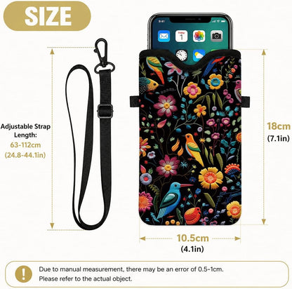 Neoprene Phone Sleeve Pouch Case Bag for Women Men with Crossbody Strap, 7.1x3.9 in, Shockproof Black Cat Mobile Protection Case Bag with Neck Lanyard, Black Cat Garden, Gift for Cats Lovers - Colors A
