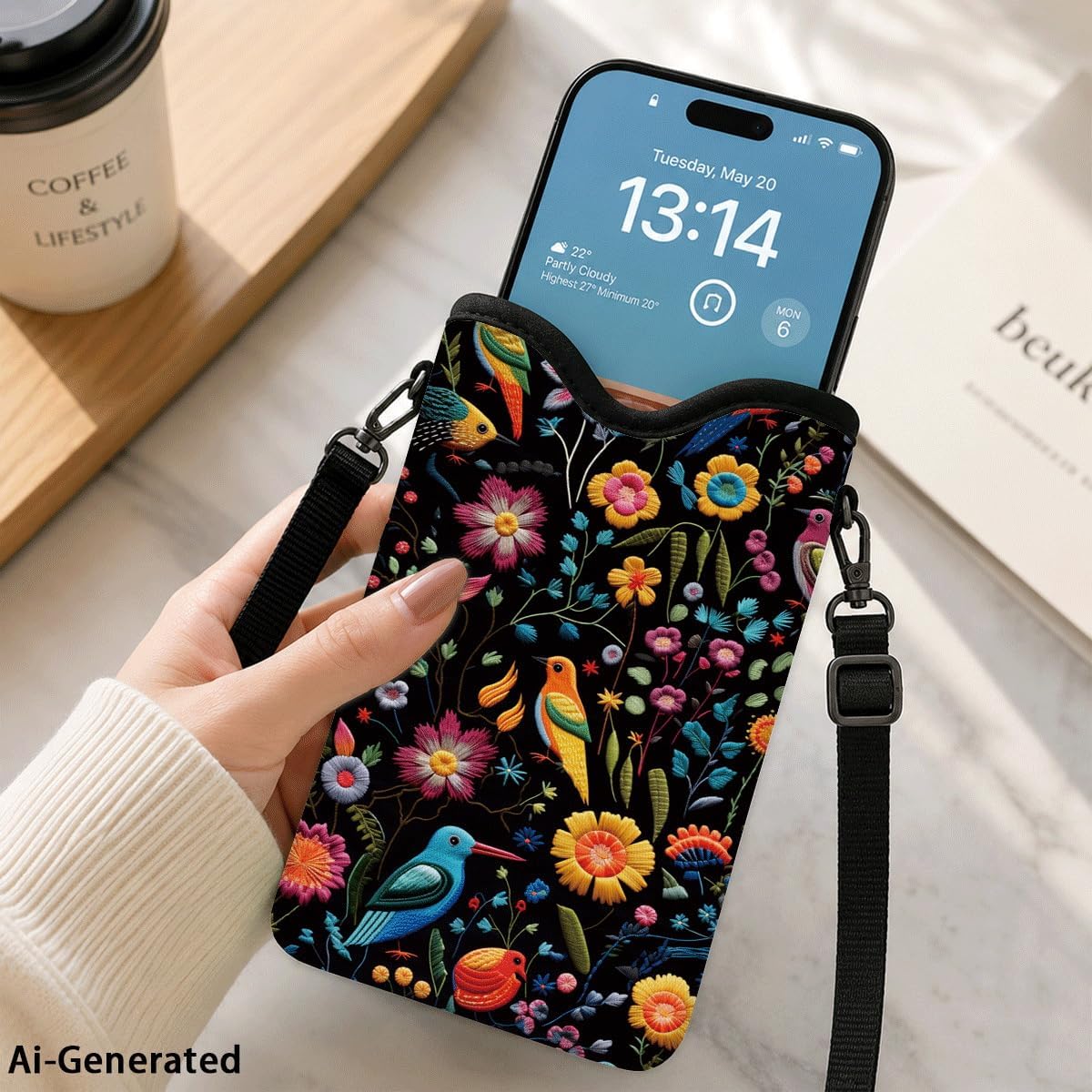 Neoprene Phone Sleeve Pouch Case Bag for Women Men with Crossbody Strap, 7.1x3.9 in, Shockproof Black Cat Mobile Protection Case Bag with Neck Lanyard, Black Cat Garden, Gift for Cats Lovers - Colors A