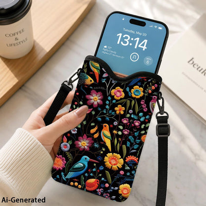 Neoprene Phone Sleeve Pouch Case Bag for Women Men with Crossbody Strap, 7.1x3.9 in, Shockproof Black Cat Mobile Protection Case Bag with Neck Lanyard, Black Cat Garden, Gift for Cats Lovers - Colors A