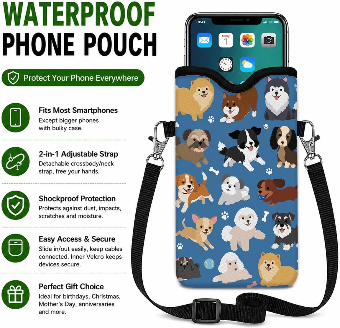 Neoprene Phone Sleeve Pouch Case Bag for Women Men with Crossbody Strap, 7.1x3.9 in, Shockproof Black Cat Mobile Protection Case Bag with Neck Lanyard, Black Cat Garden, Gift for Cats Lovers - Colors A