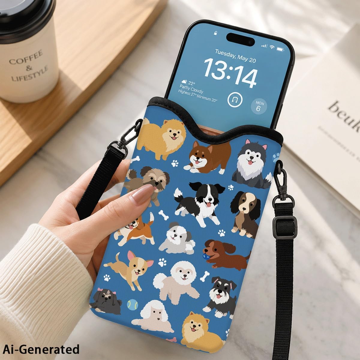 Neoprene Phone Sleeve Pouch Case Bag for Women Men with Crossbody Strap, 7.1x3.9 in, Shockproof Black Cat Mobile Protection Case Bag with Neck Lanyard, Black Cat Garden, Gift for Cats Lovers - Colors A