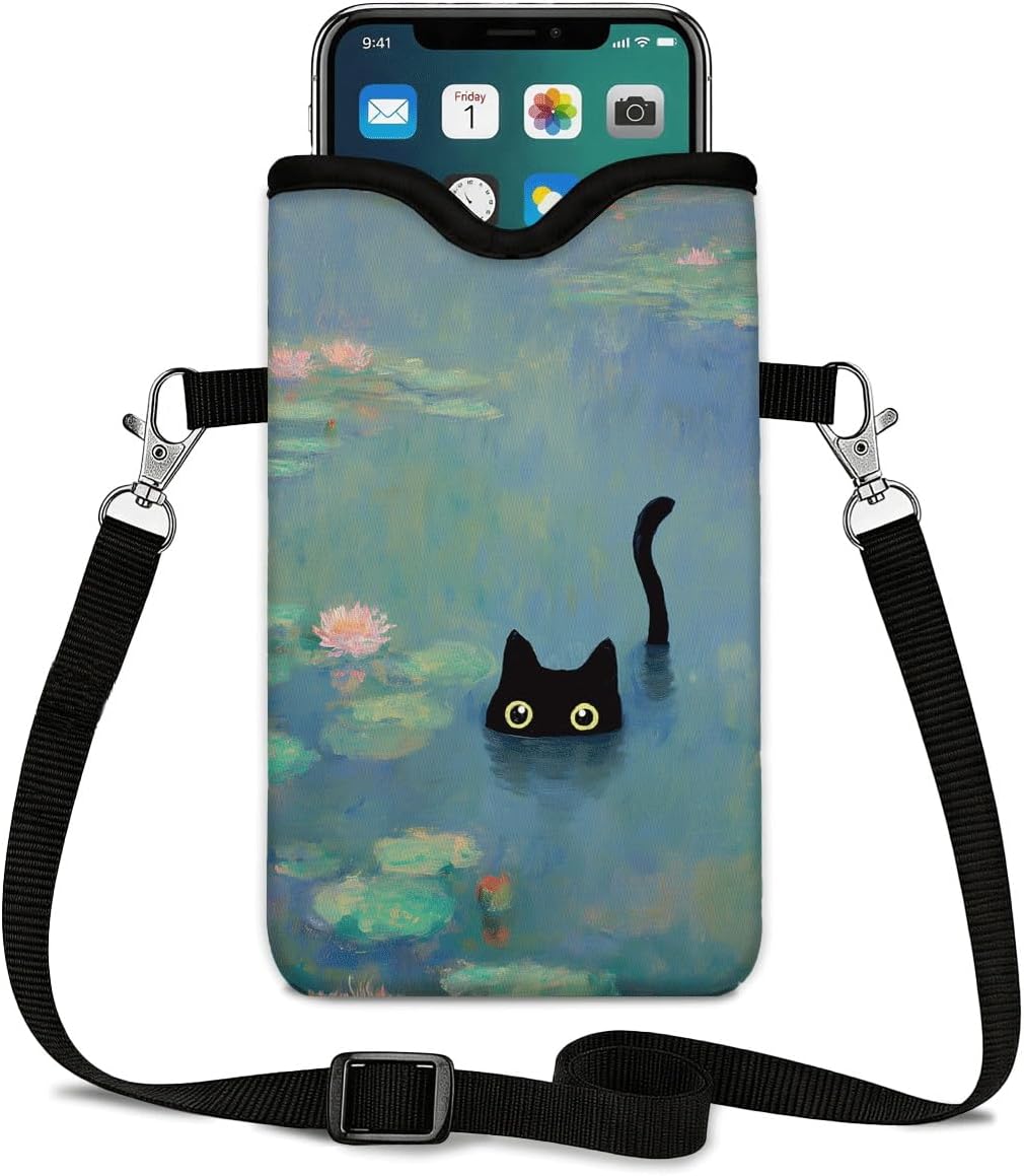 Neoprene Phone Sleeve Pouch Case Bag for Women Men with Crossbody Strap, 7.1x3.9 in, Shockproof Black Cat Mobile Protection Case Bag with Neck Lanyard, Black Cat Garden, Gift for Cats Lovers - Colors A