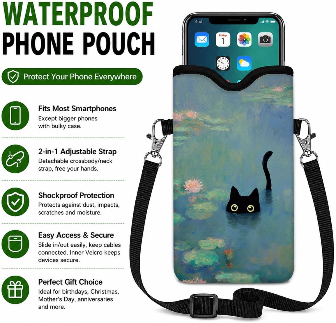 Neoprene Phone Sleeve Pouch Case Bag for Women Men with Crossbody Strap, 7.1x3.9 in, Shockproof Black Cat Mobile Protection Case Bag with Neck Lanyard, Black Cat Garden, Gift for Cats Lovers - Colors A